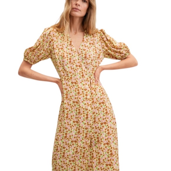 NWT Mango boho butter yellow floral print balloon sleeve wrap midi dress XS - Picture 1 of 17